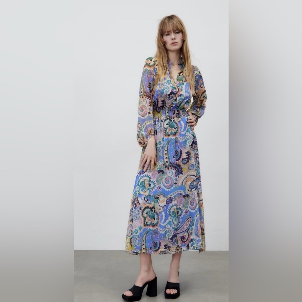 ZARA Blue Multi Paisley Print Midi Maxi Long Sleeve Chiffon Dress